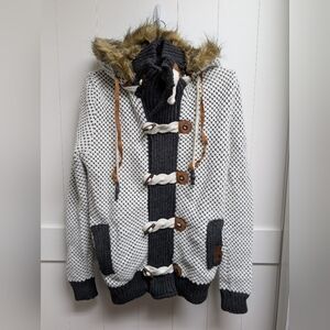 Cozy Knit Toggle Sweater with Faux Fur Hood